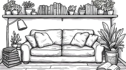 Cozy Living Room Sketch A Hand-Drawn Illustration of a Comfortable Sofa with Books and Plants.