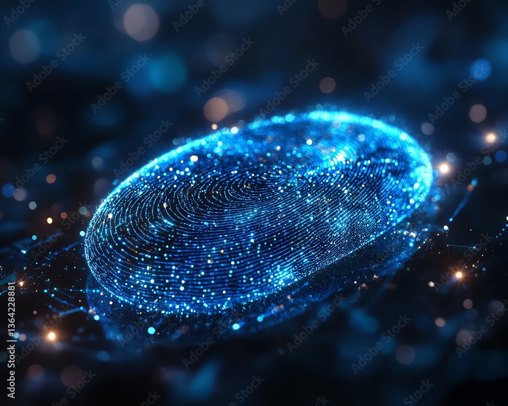 Poster a digital blue fingerprint with glowing sparkling lights, placed on a dark background with neon acce