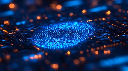 A digital fingerprint in radiant blue hues, surrounded by shimmering lights and data streams, set against a dark, hightech background, vibrant and abstract, futuristic atmosphere
