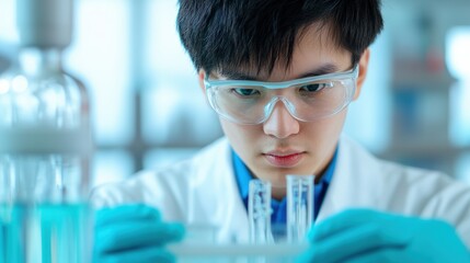 Young male scientist in laboratory analyzing test tubes with blue liquid in a modern scientific research environment. Microplastic concept.