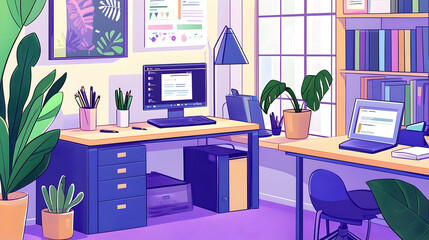Cozy home office with two desks, plants, and bookshelves, sunlight streaming through window, ideal for productivity and work-from-home lifestyle