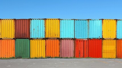 Fototapeta premium Shipping terminal with colorful stacked cargo containers under clear blue sky, representing global trade logistics. Industrial setting highlighting transportation infrastructure, efficiency.