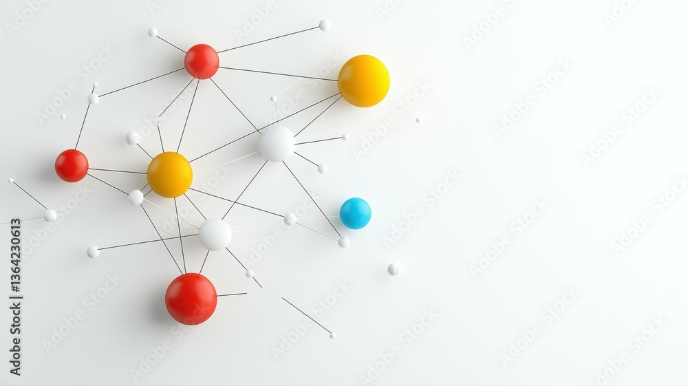 Poster abstract 3d network of multicolored spheres connected with lines on a white background, symbolizing 