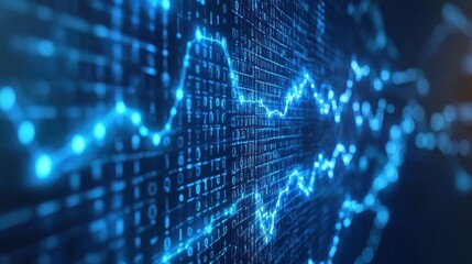 Obraz premium Abstract digital visualization of data trends with glowing blue lines and binary code.