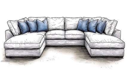 Hand-drawn illustration of a luxurious sectional sofa with plush cushions. A detailed sketch perfect for interior design or furniture catalogs.