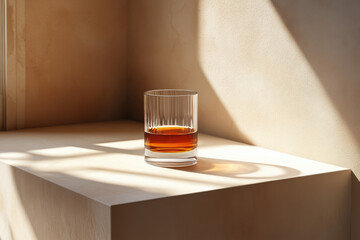 Glass of whiskey on a ledge with city lights in the background, casting a warm glow.