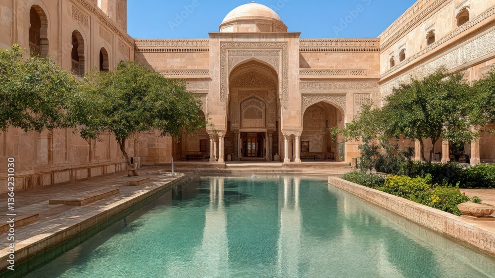 Poster sunlit courtyard with reflecting pool and tan stone architecture