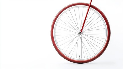 Obraz premium A bicycle wheel with red tire and silver spokes stands alone