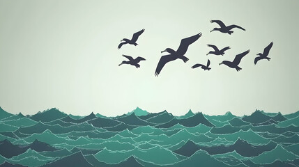 Seagulls flying over ocean waves, calm sea background, freedom concept, website banner