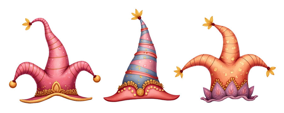 Colorful whimsical hats displayed in a playful arrangement. cut out,isolated, transparent background