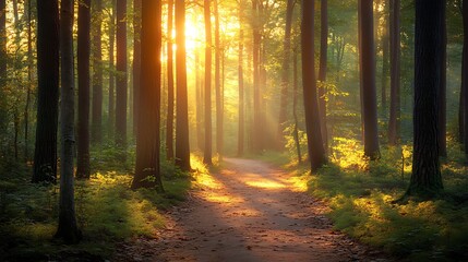 Fototapeta premium Sunlit Forest Path with Morning Mist.