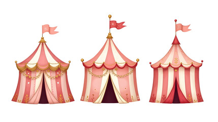 Colorful circus tents with flags, showcasing a whimsical design. cut out,isolated, transparent background