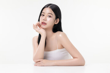 Portrait beautiful young Asian woman with K beauty style makeup and perfect skin on isolated white...
