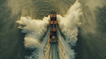 Cargo ship cutting through ocean waters leaving dynamic waves. Logistics manager tracking real-time movement using digital tools. Efficient maritime supply chain operations optimizing international.
