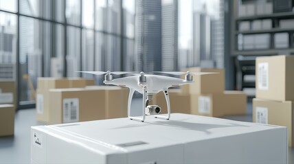 Drone in modern warehouse with cityscape view, representing innovation in delivery services.