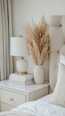Bedside table with lamp, books, pampas grass, headboard, pillow and blanket