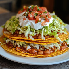 Mexican tostada layered with beans, lettuce, tomato, and salsa, served stacked on a clean white plate in vibrant studio lighting.