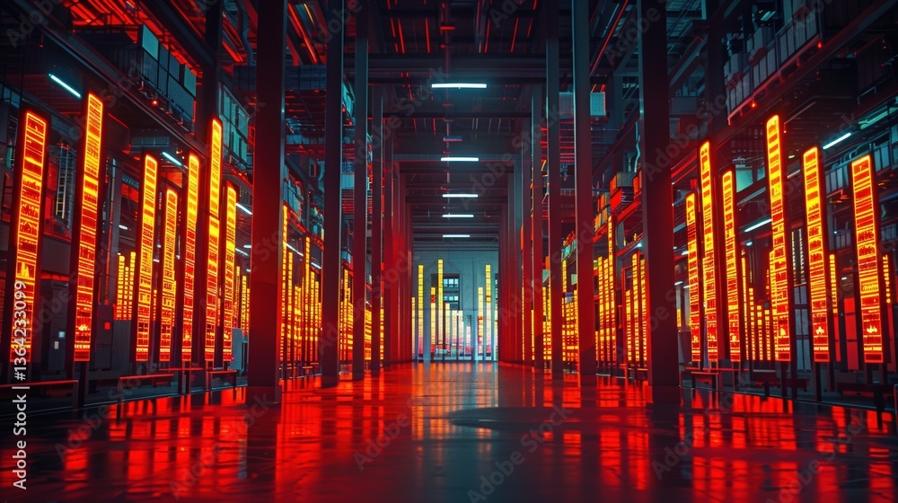 Poster warehouse filled with glowing red data panels, representing futuristic logistics operations and auto