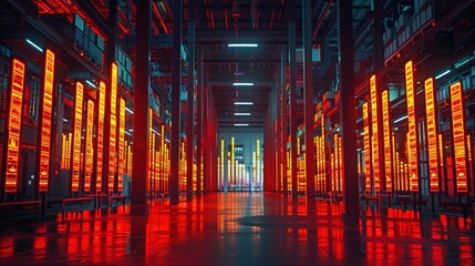Warehouse filled with glowing red data panels, representing futuristic logistics operations and automated supply chain management in a high-tech industrial environment with digital integration.