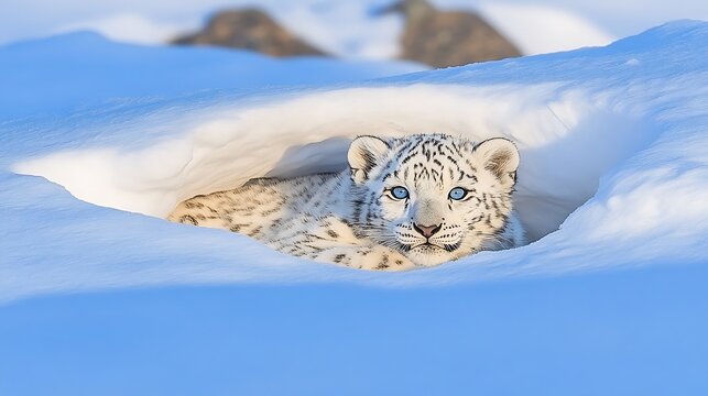 White snow leopard cub in snow den.