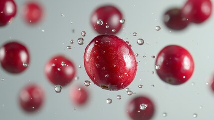 A close up of a red cranberry with water droplets surrounding it