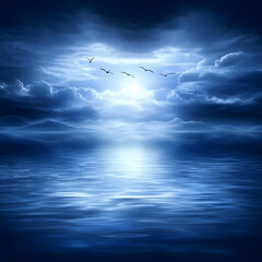 Obraz premium Moonlit ocean, birds flying, dramatic cloudscape; peaceful night scene, perfect for meditation or travel websites