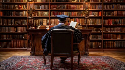Graduate studying in a grand library; academic research, scholarly pursuit