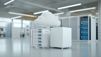 Modern server room with cloud computing symbol, representing data storage and digital technology.
