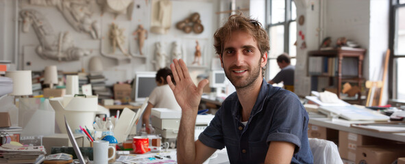 Young professional male artist waving in a creative studio with art supplies, sculptures, and busy colleagues in the background
