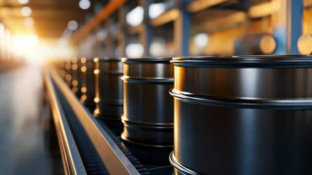 Production Line Symphony: A captivating perspective of a streamlined production line, with rows of metallic drums moving along a conveyor belt. The setting suggests a hub of industry and efficiency.