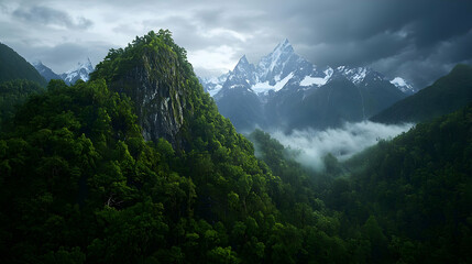 Fototapeta premium Pixelated Mountainous Forest Landscape With Foggy Valley