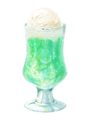 クリームソーダの水彩イラスト(緑・メロン)