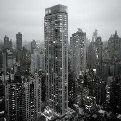Skyscraper at dusk, city skyline, aerial view, urban landscape, real estate photography