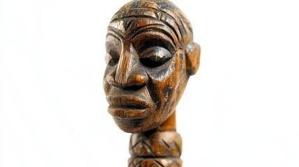 A close up image of a carved wooden human head