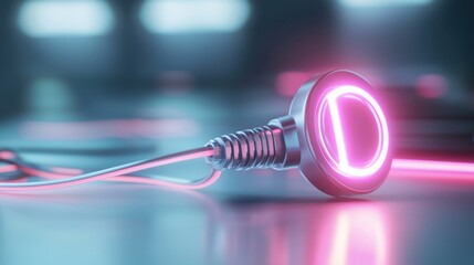 Neon pink letter D with glowing cable on reflective surface