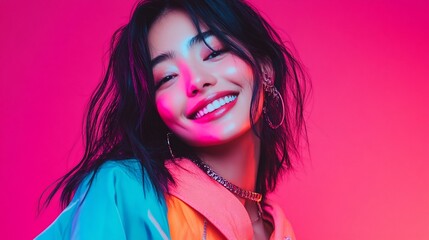 Happy Asian woman, neon studio portrait, pink background, vibrant fashion