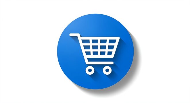 Shopping Cart Icon: Blue Circle Button with White Outline. E-commerce, Online Retail Symbol for Website, App Design. Modern Flat Style.
