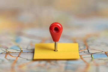 Small red map pin on a yellow sticky note