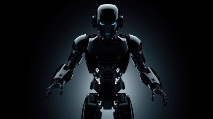 Fototapeta premium Shiny black futuristic robot menacingly stares with glowing blue eyes