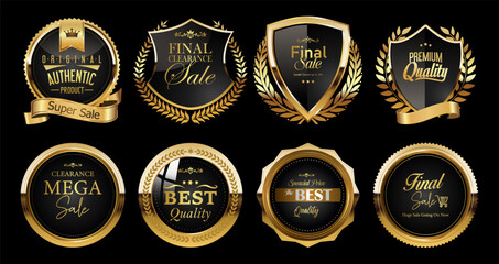 Best quality premium golden badges and labels vector set. Shield icon with laurel wreath vector set. Premium quality stamp, gold labels and best offer badges collection