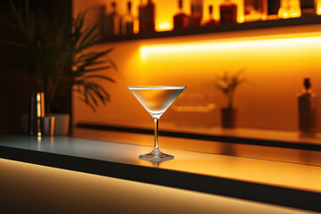 Martini glass on bar counter with olives skewered on a toothpick. Subtle background of dimly lit bar setting with bottles.