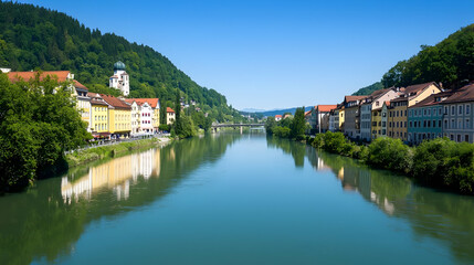 Obraz premium Scenic European Cityscape With River Reflecting Buildings and Mountain Backdrop Under Clear Blue Sky