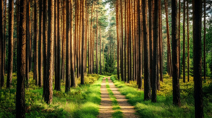Obraz premium Sunlit path through tall pine trees in a forest; nature background for travel, peace, serenity