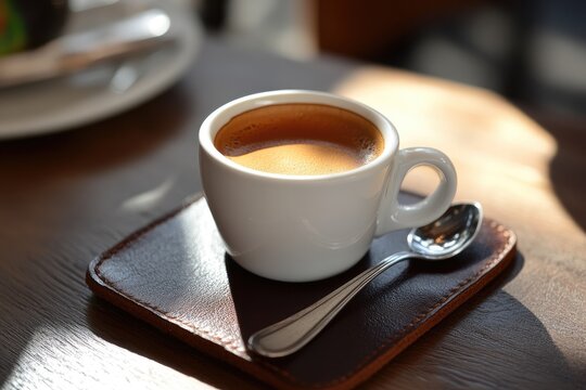 Artisan espresso shot in a delicate demitasse cup, placed on a leather coaster with a silver spoon in a private dining room.