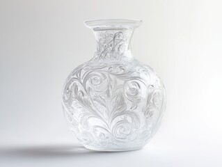 A frosted glass vase with intricate patterns, isolated on seamless white,
