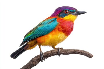 Obraz premium Fairy pitta perched on a branch, vibrant rainbow plumage, sharp feather details, isolated.
