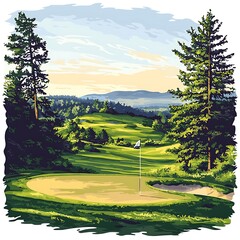 Serene Golf Course Landscape A picturesque illustration of a putting green nestled amidst lush greenery and towering evergreen trees.