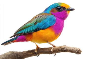 Fototapeta premium Fairy pitta perched on a branch, vibrant rainbow plumage, sharp feather details, isolated.
