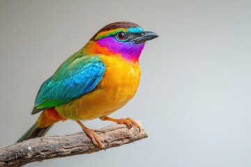 Fairy pitta perched on a branch, vibrant rainbow plumage, sharp feather details, isolated.
