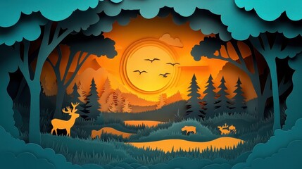 A whical paper cut-out forest scene depicts deer and other wildlife silhouetted against a vibrant sunset over rolling hills and a serene lake creating a cozy and idyllic 4K high